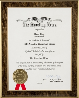 1966 Dave Bing All American Certificate of Achievement Plaque From The Sporting News (Bing LOA)